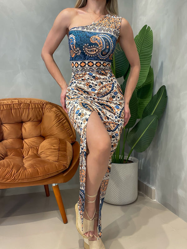 Vestido Longo em Poliamida Ombro Único com Fenda